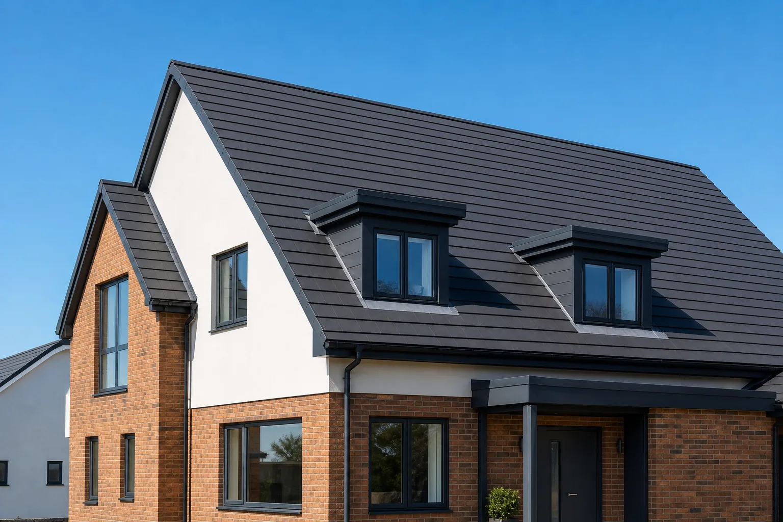 Freshly installed dark tiled roof on a modern South Wales home