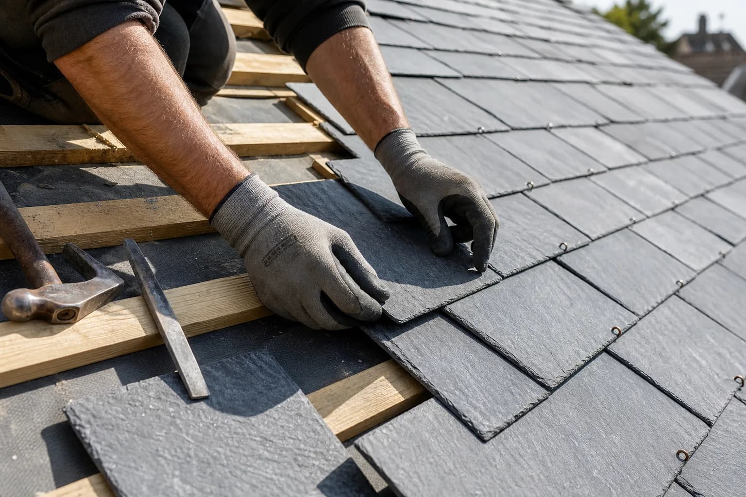 Roofer laying natural slate tiles by hand, showing careful craftsmanship