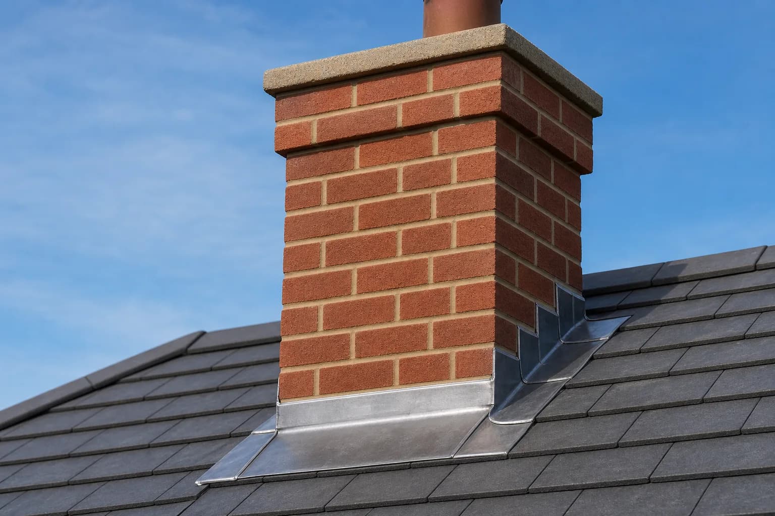 Freshly repointed brick chimney stack with new lead flashing on a tiled roof