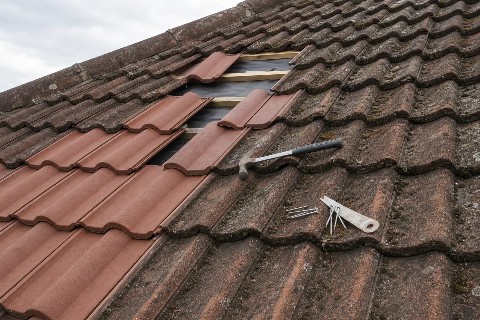Roof repair in progress on a tiled house roof with replacement tiles and roofing tools