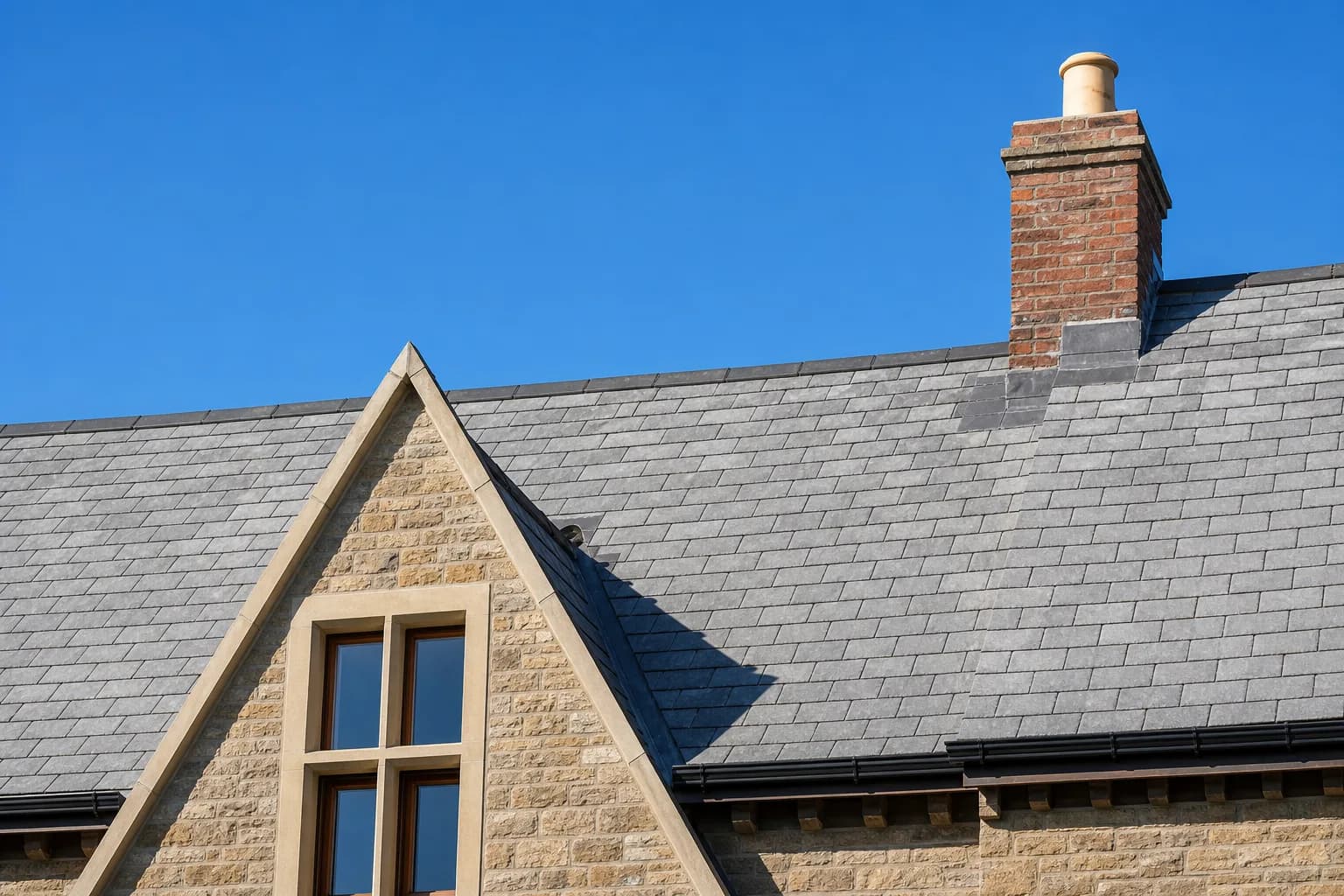 Traditional natural grey slate roof on a UK period property with a brick chimney